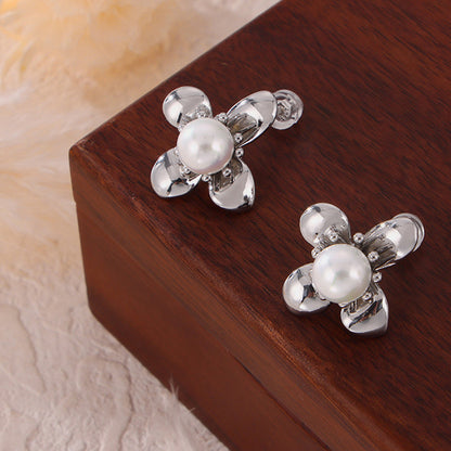 Synthetic Pearl Titanium Steel Flower Earrings