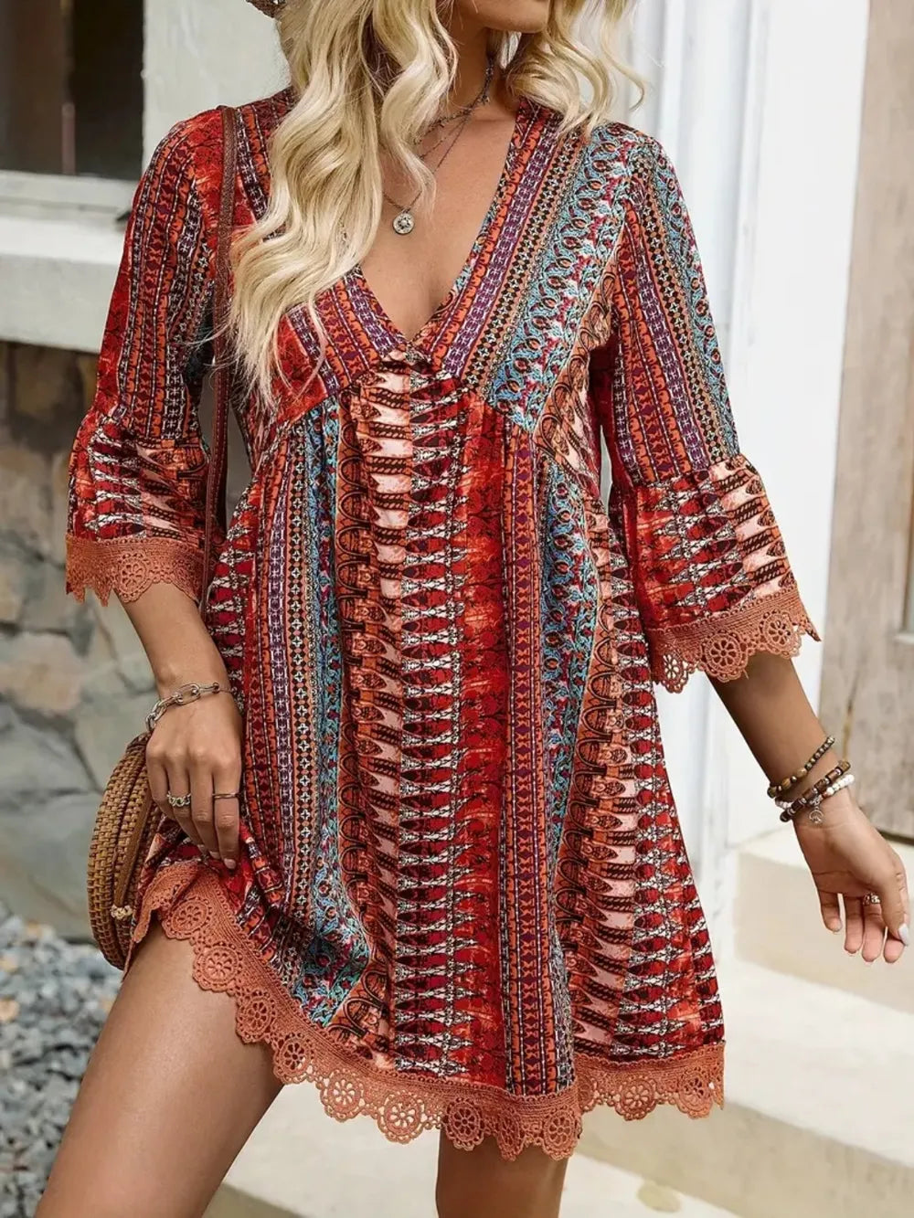 Lace Trim Printed V-Neck 3/4 Sleeve Dress Main image