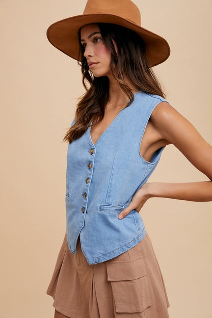 Annie Wear Button Down V-Neck Denim Vest