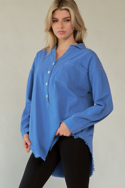 Davi & Dani Letter Back Raw Hem Half Button Shirt