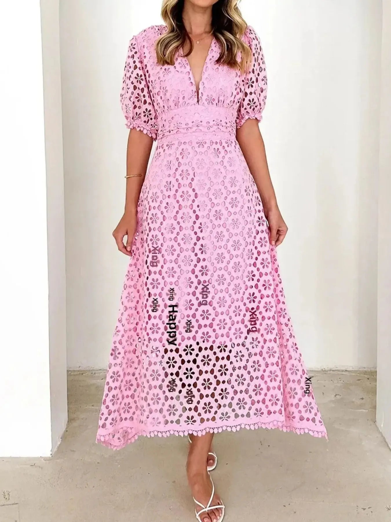 Eyelet Lace V-Neck Midi Dress with Puff Sleeves - product image 13