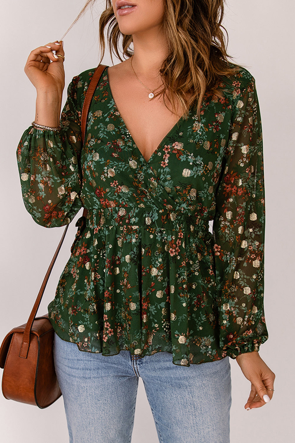 Floral Surplice Peplum Blouse