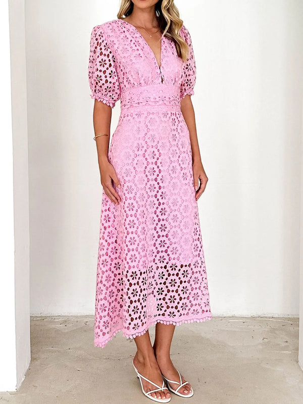 Eyelet Lace V-Neck Midi Dress with Puff Sleeves - product image 14