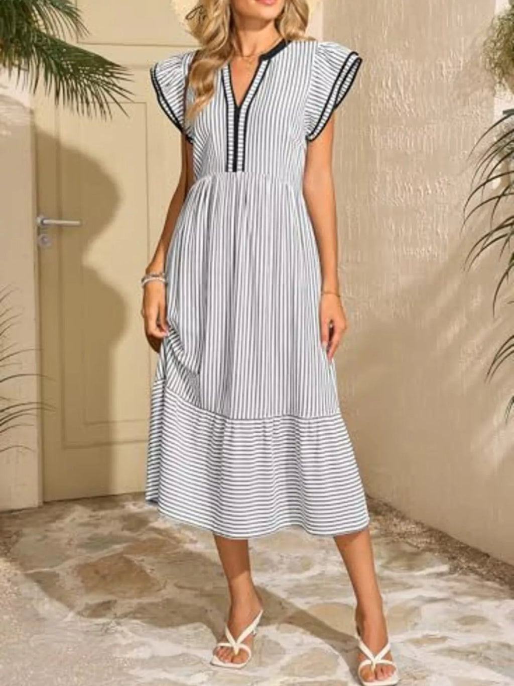 Striped Notched Ruffle Sleeve Dress - product image 7
