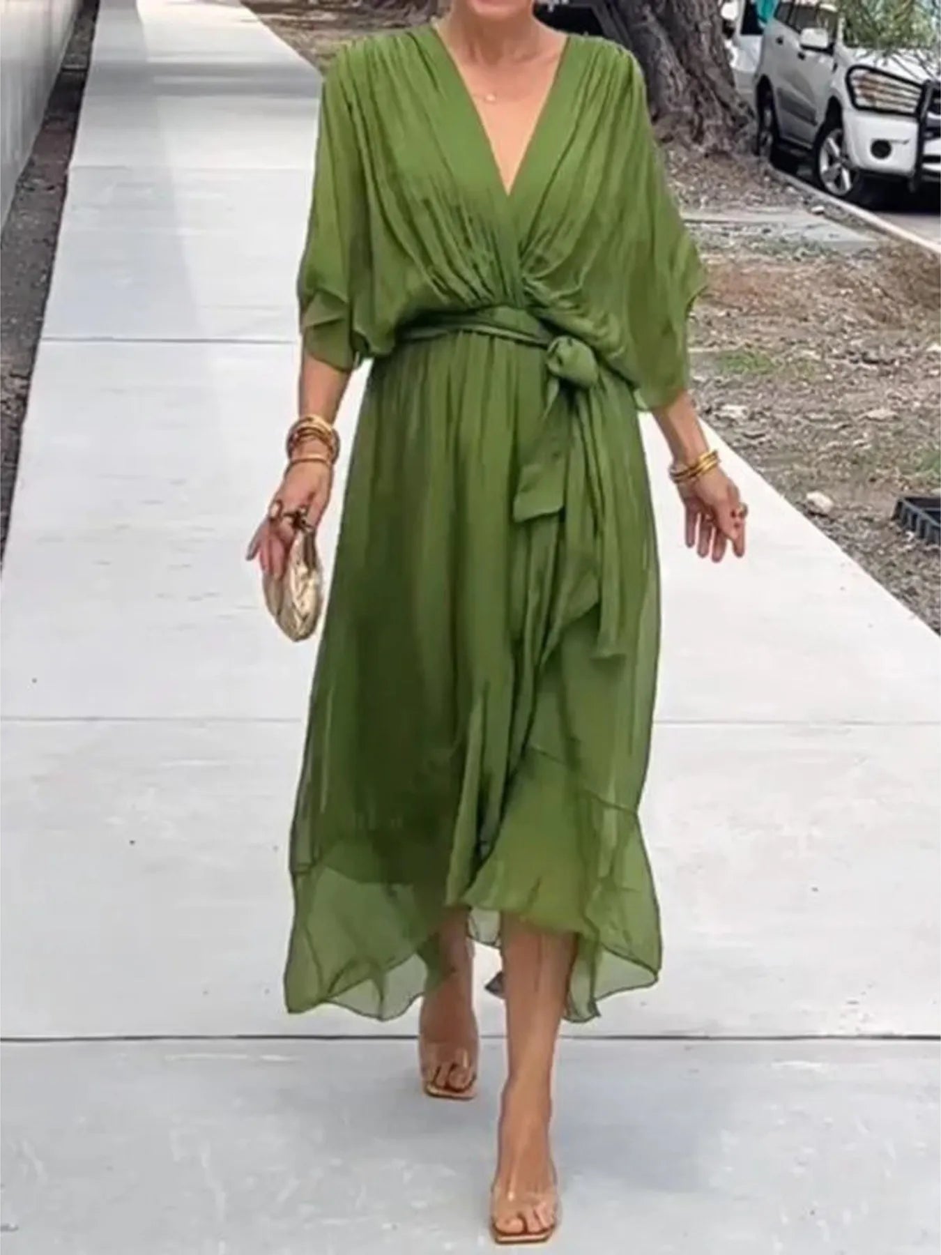 Flowy Tie Front Midi Dress with Flutter Sleeves Secondary image