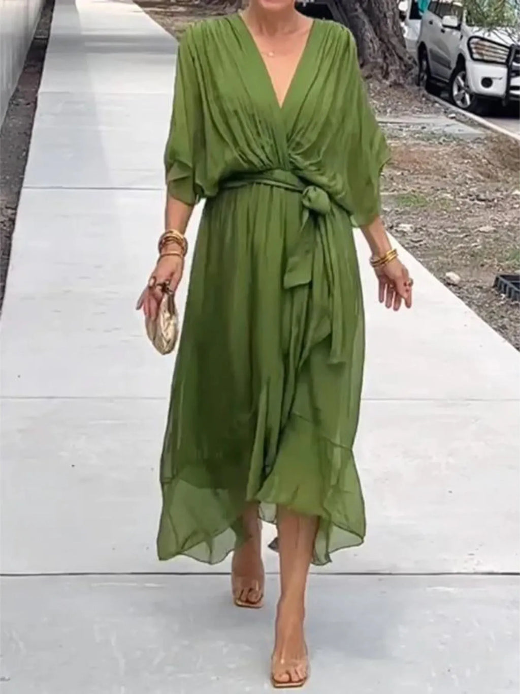 Flowy Tie Front Midi Dress with Flutter Sleeves - product image 2