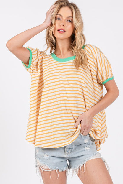 Ces Femme Striped Round Neck Short Sleeve T-Shirt