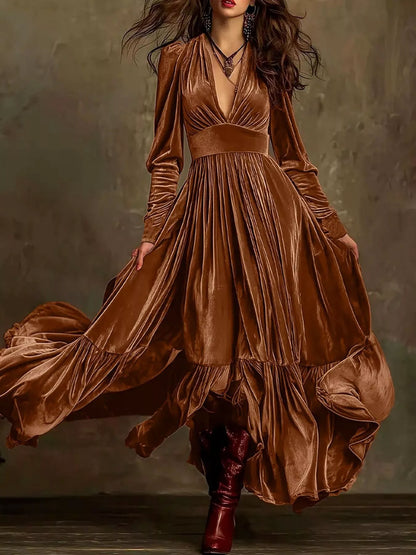 Elegant Velvet V-Neck Long Sleeve Maxi Dress - Shopiebay women's boutique
