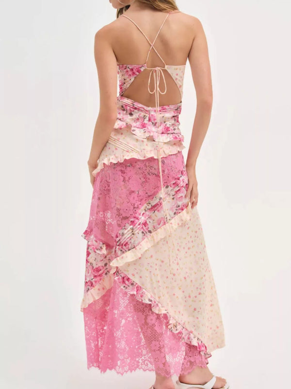 Lace Detail Ruffled Floral V-Neck Maxi Dress - product image 19