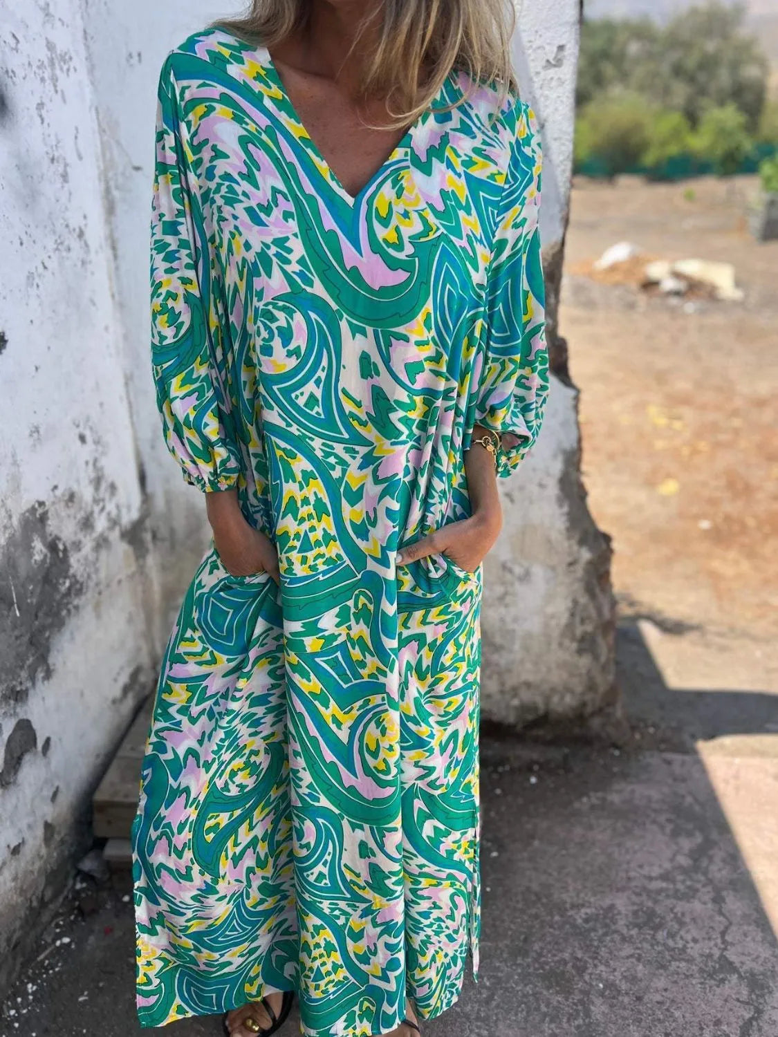 Printed V-Neck Dress with Pockets Main image
