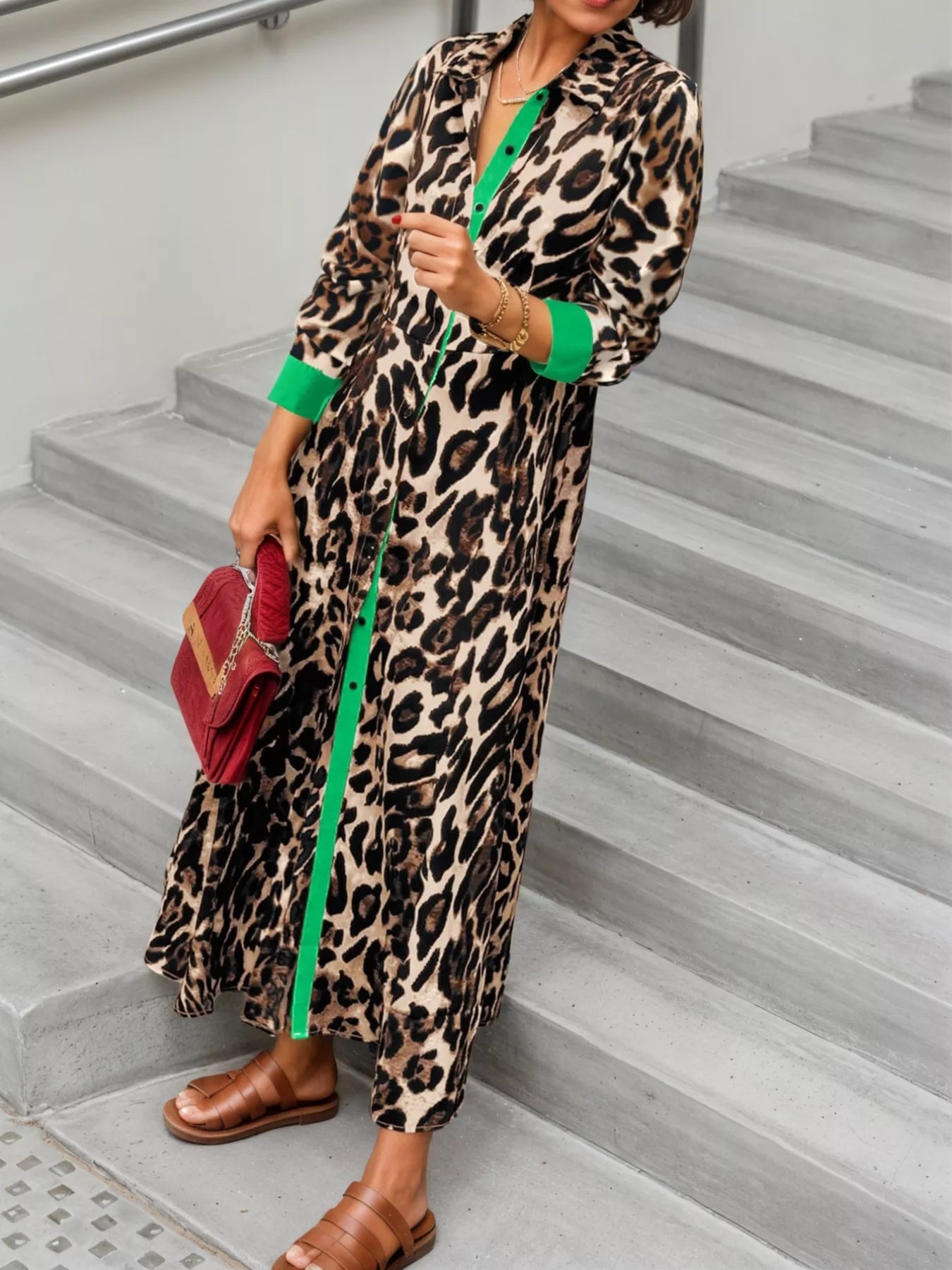 Leopard Print Long Sleeve Shirt Dress with Contrast Trim Secondary image
