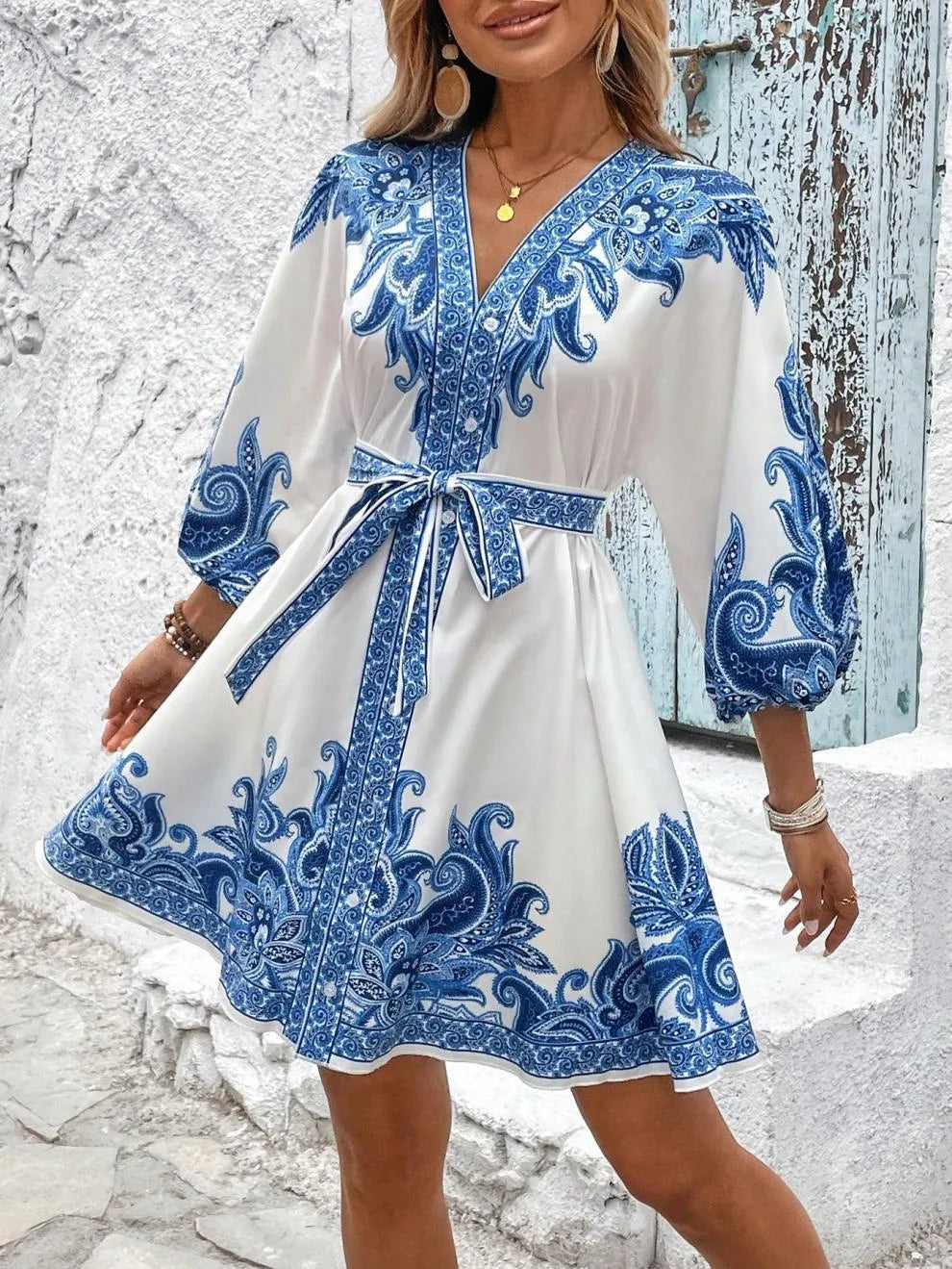 Paisley V-Neck 3/4 Sleeve Mini Dress - product image 6