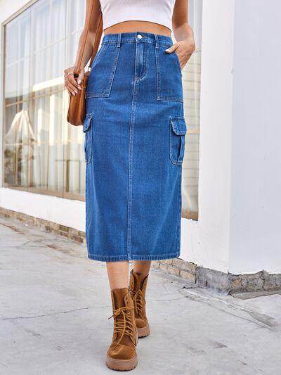 Slit Midi Denim Skirt with Pockets for Stylish Comfort Main image