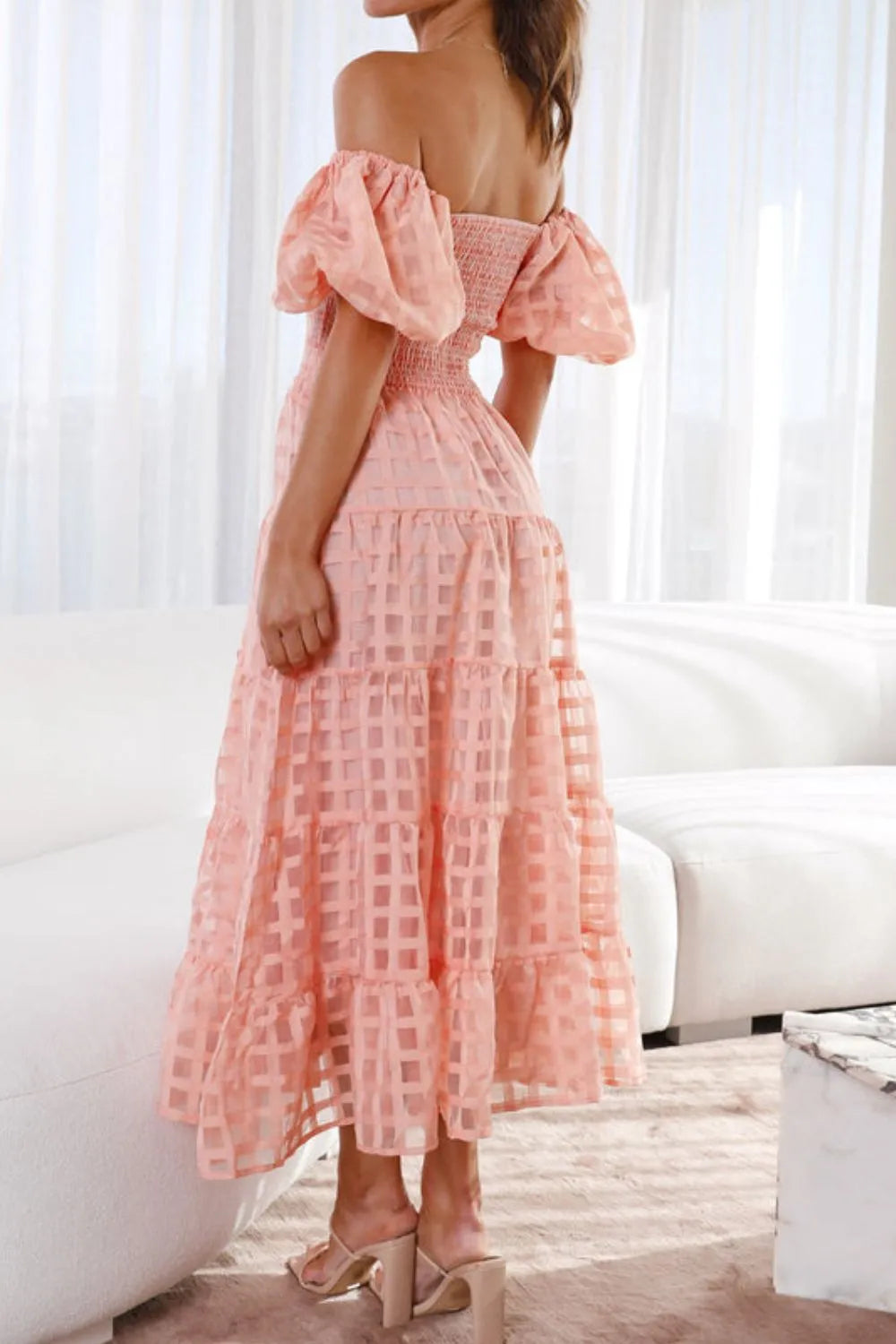 Off Shoulder Short Puff Sleeve Midi Dress view 3 - Shopiebay