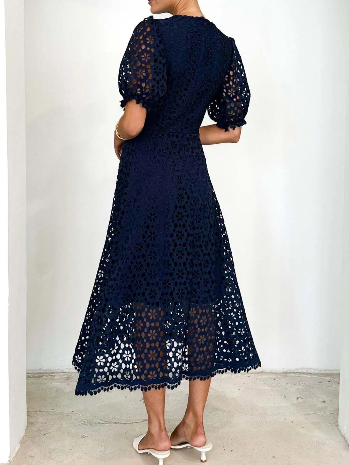 Eyelet Lace V-Neck Midi Dress with Puff Sleeves - product image 23