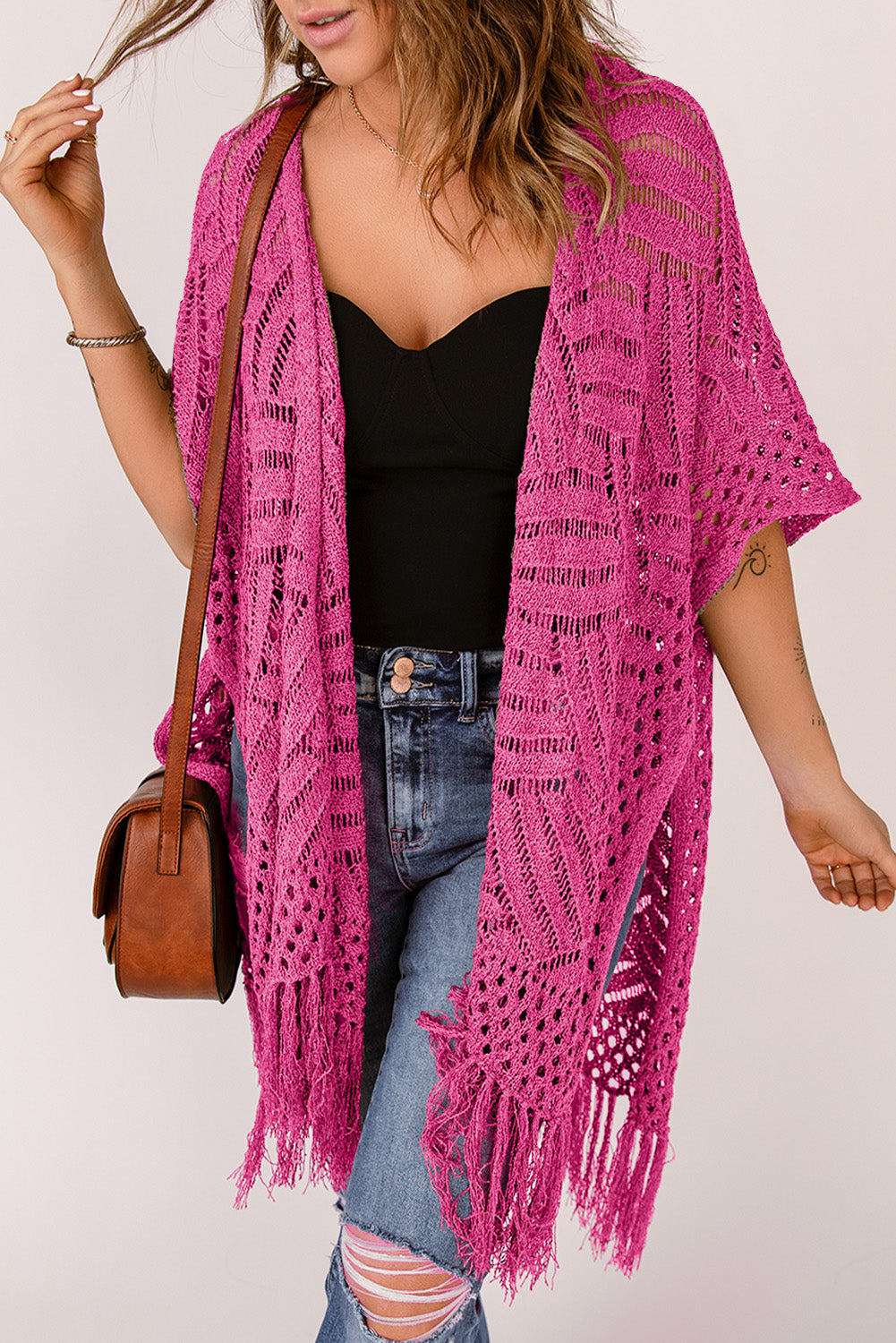 Openwork Open Front Cardigan with Fringes