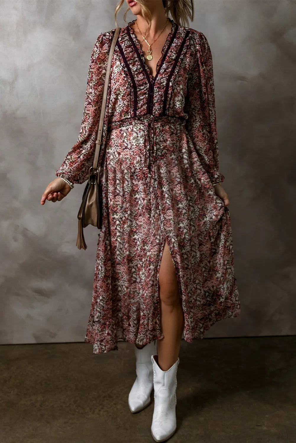 Frill Printed V-Neck Long Sleeve Midi Dress - Shopiebay women's boutique Main image