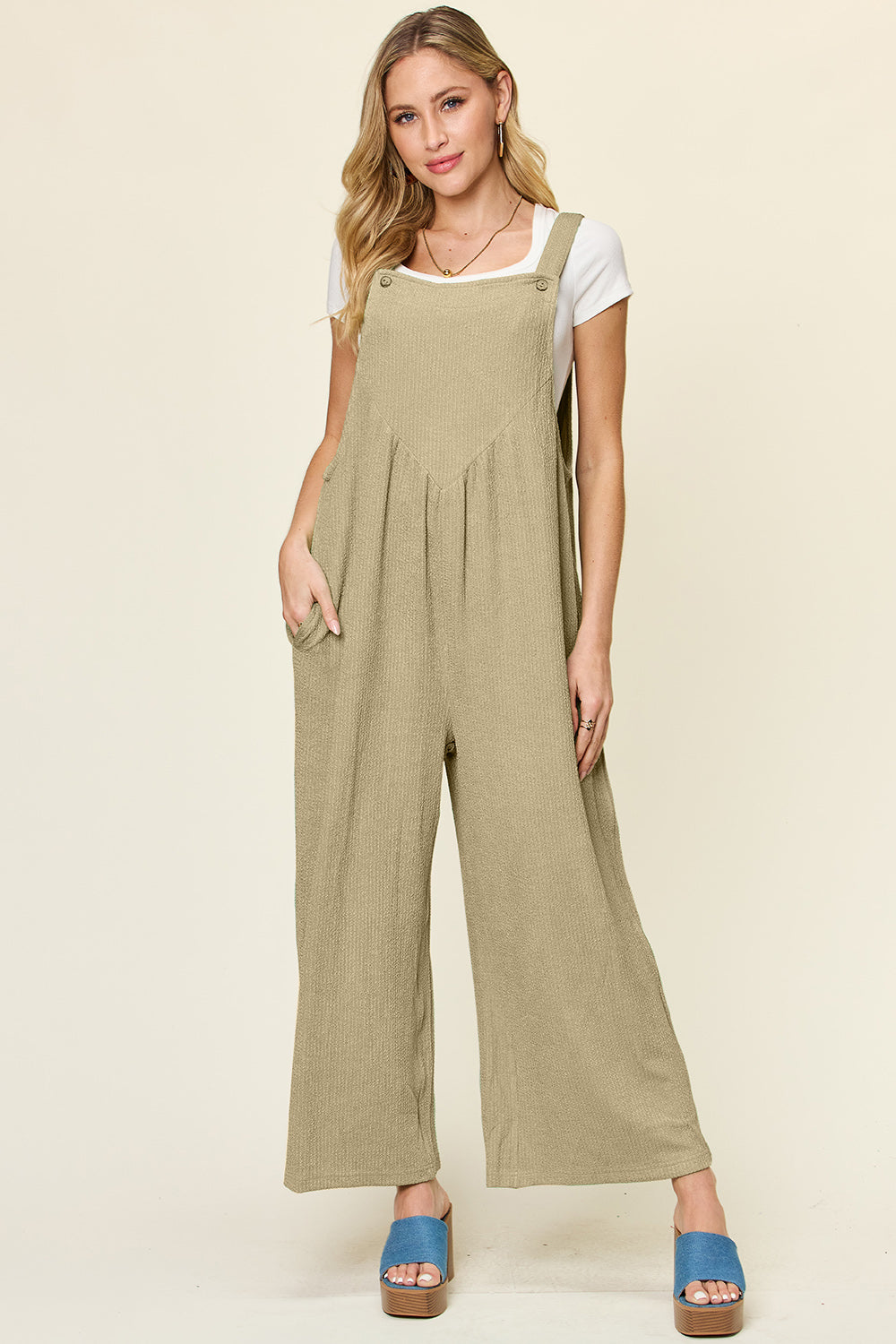 Double Take Full Size Texture Sleeveless Wide Leg Overall