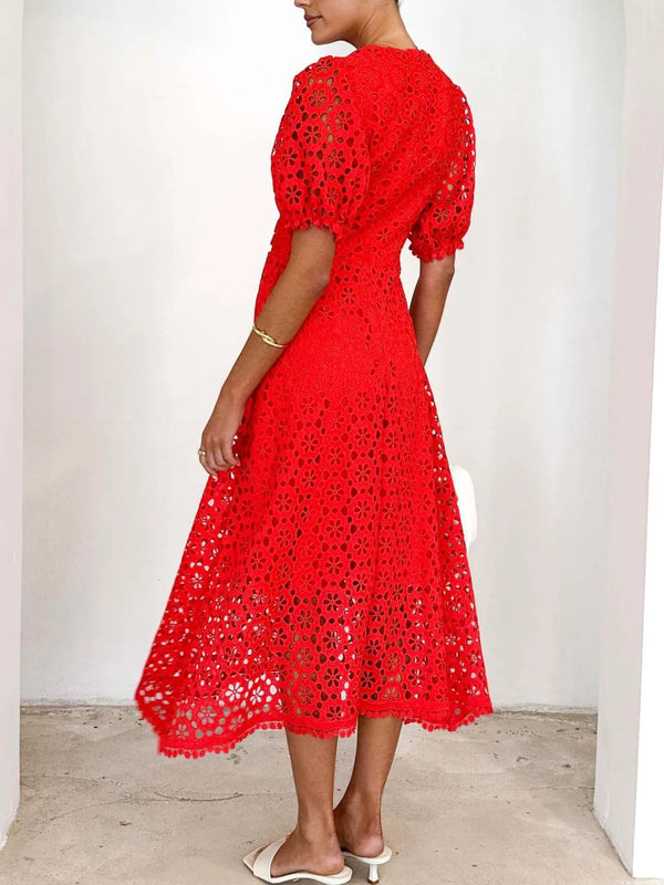 Eyelet Lace V-Neck Midi Dress with Puff Sleeves - product image 20
