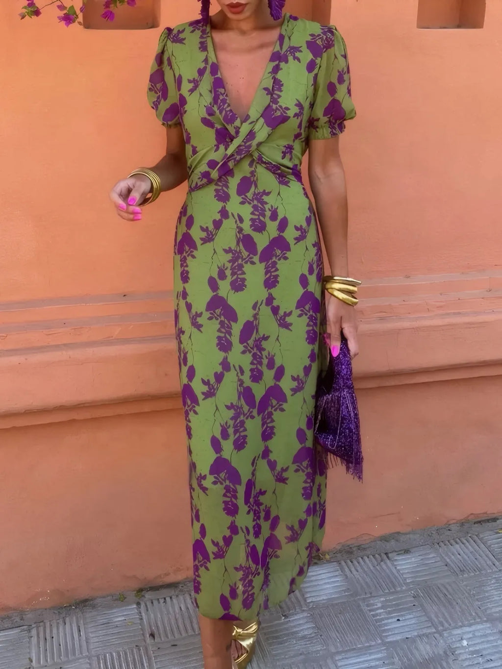 Printed Plunge Short Sleeve Midi Dress - product image 3