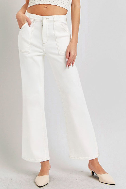 RISEN High Rise Ankle Flare Jeans with Patch Pockets