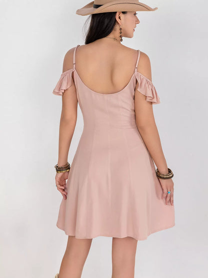 Floral Lace Trim Cold Shoulder A-Line Dress view 4 - Shopiebay