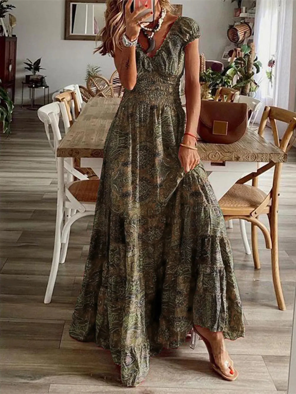Smocked Printed V-Neck Short Sleeve Dress - product image 18