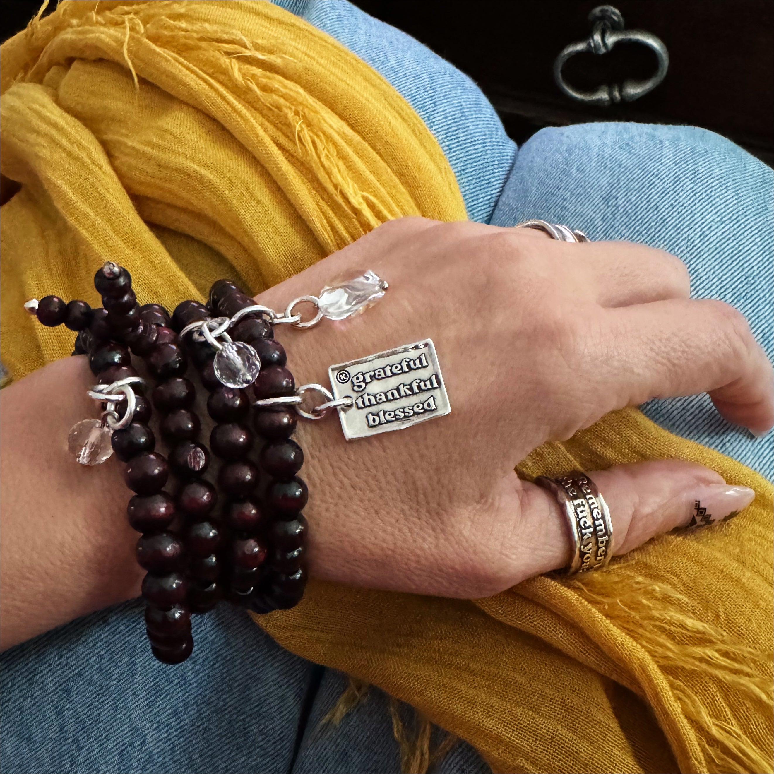 Grateful Thankful Blessed Heart Wood Boho Wrap Bracelet/Necklace Main image