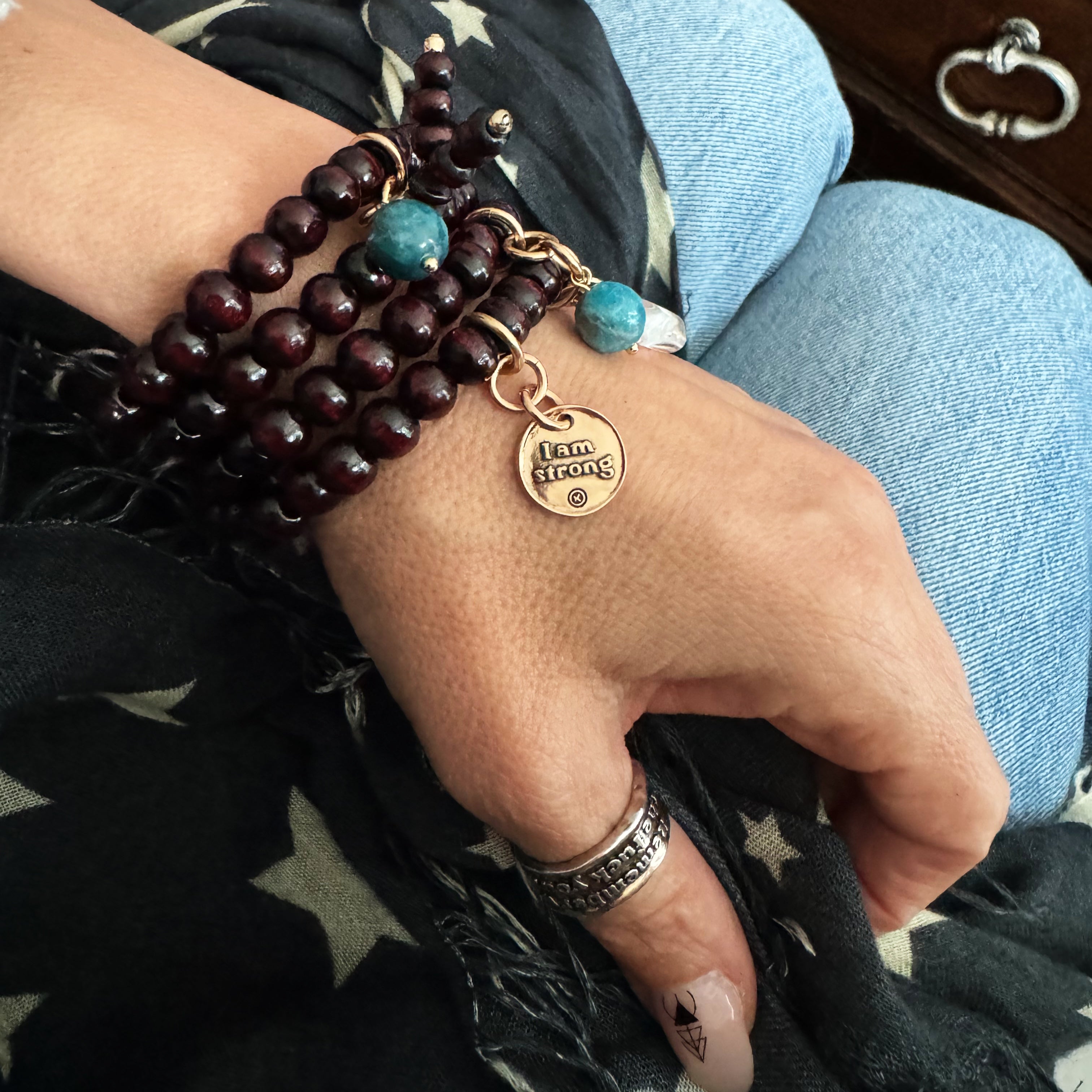 I Am Strong Heart Wood Boho Wrap Bracelet/Necklace Main image