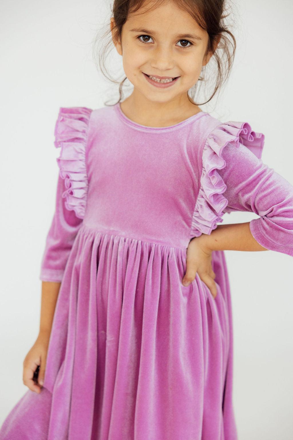 Carnation Pink Velvet Ruffle Twirl Dress Main image