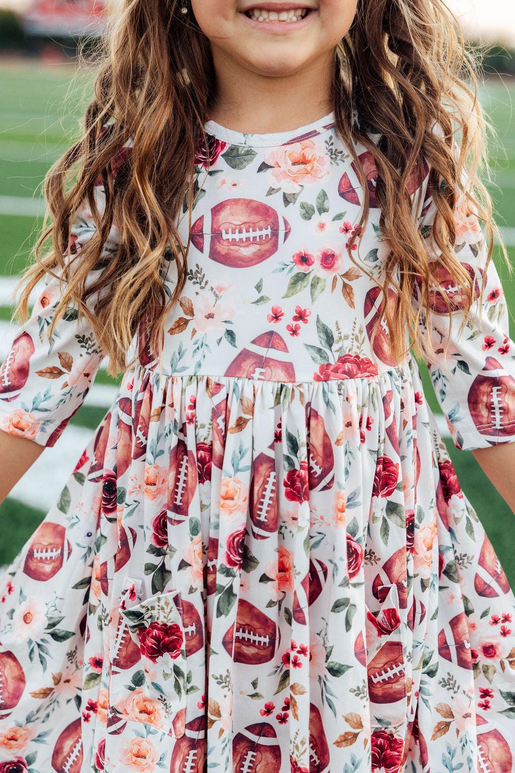 Footballs & Flowers 3/4 Sleeve Pocket Twirl Dress Main image