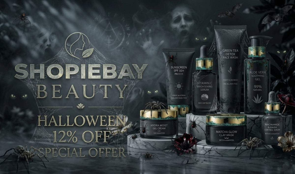 Shopiebay Beauty Halloween promotional banner featuring multiple skincare products on pedestals against a dark, spooky background with text reading 'HALLOWEEN 12% OFF'. Visible products include sunscreen, serum, vitamin C serum, green tea lotion, vitamin C glow gel, and matcha glow cream.