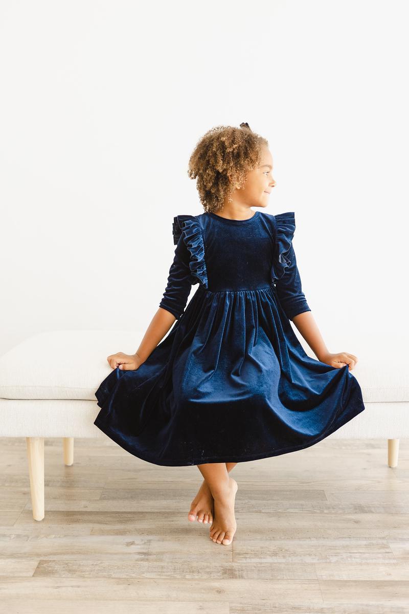 Navy Velvet Ruffle Twirl Dress Secondary image