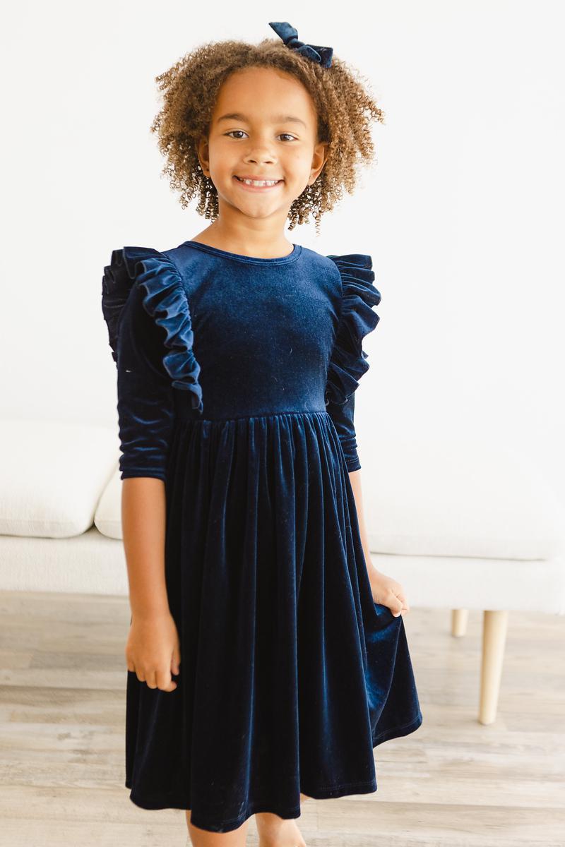 Navy Velvet Ruffle Twirl Dress Main image