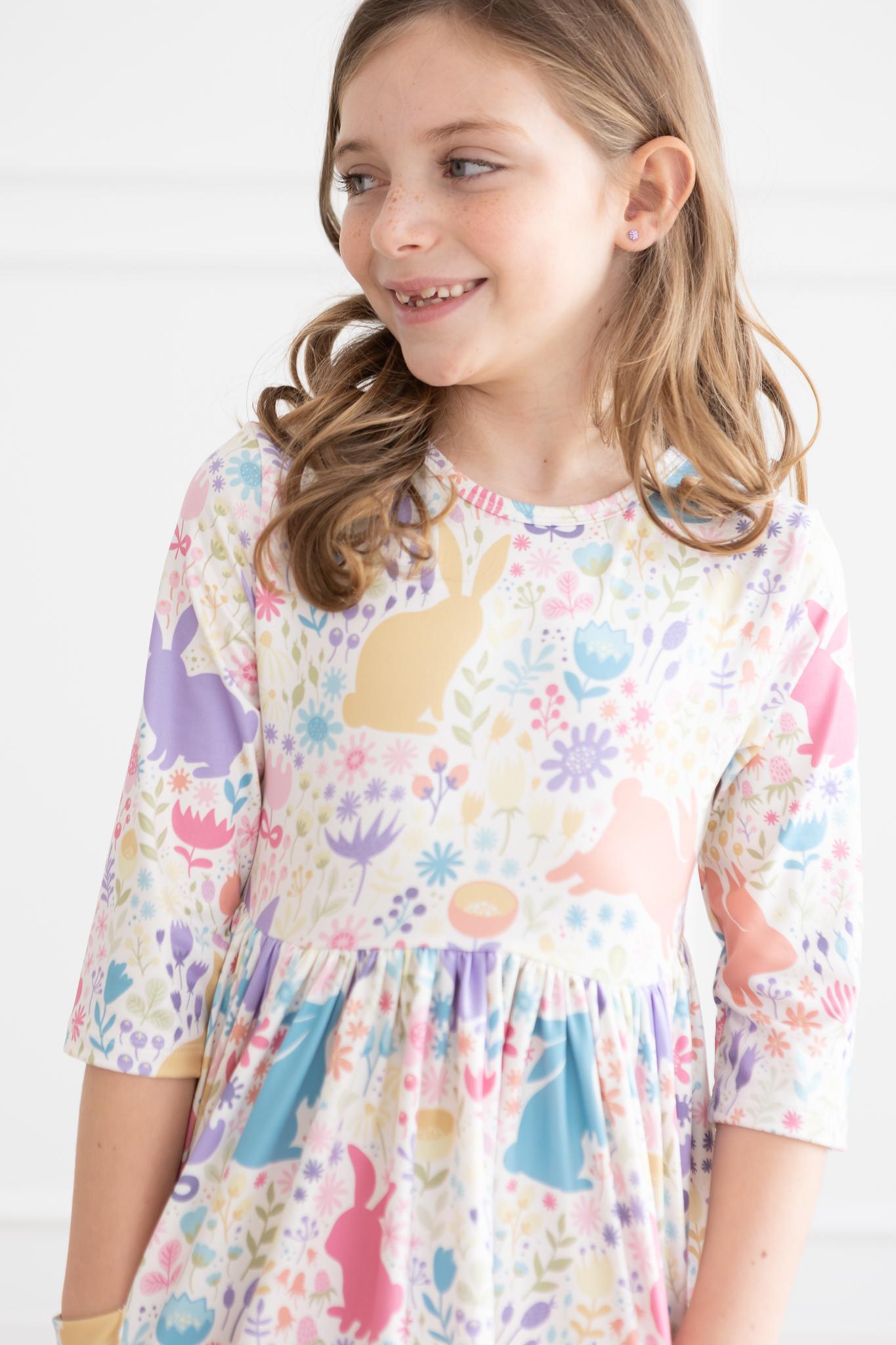 Pastel Floral Bunnies 3/4 Sleeve Pocket Twirl Dress Main image