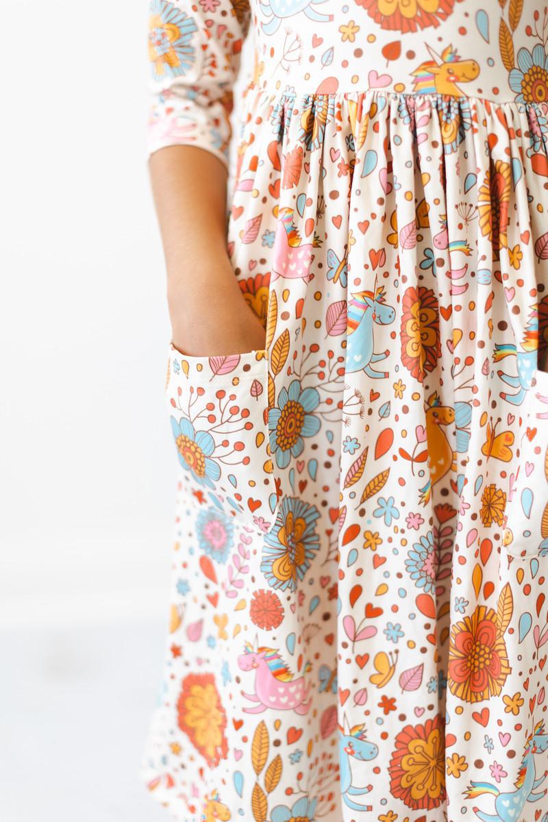 Retro Unicorns 3/4 Sleeve Pocket Twirl Dress Main image