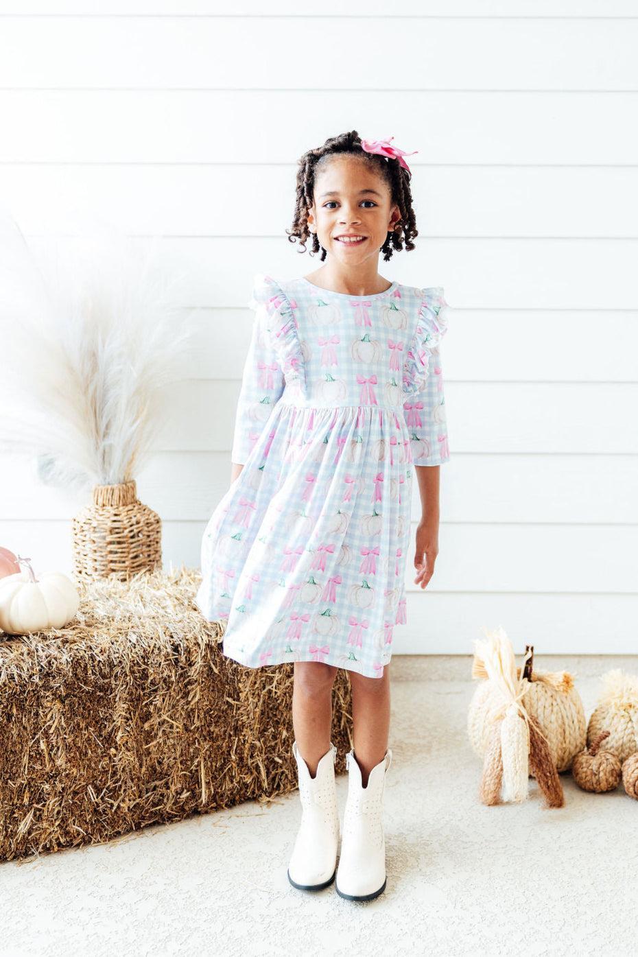 SALE Pumpkin Picnic 3/4 Sleeve Ruffle Twirl Dress Main image