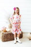 Tangerine Leaves 3/4 Sleeve Ruffle Twirl Dress