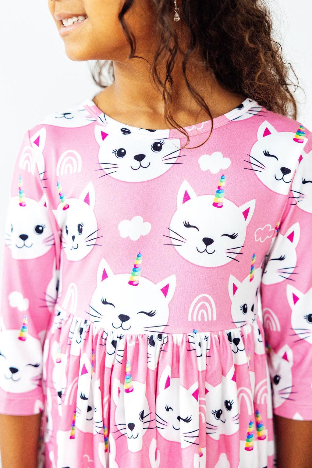 Unicorn Kitties 3/4 Sleeve Pocket Twirl Dress Main image