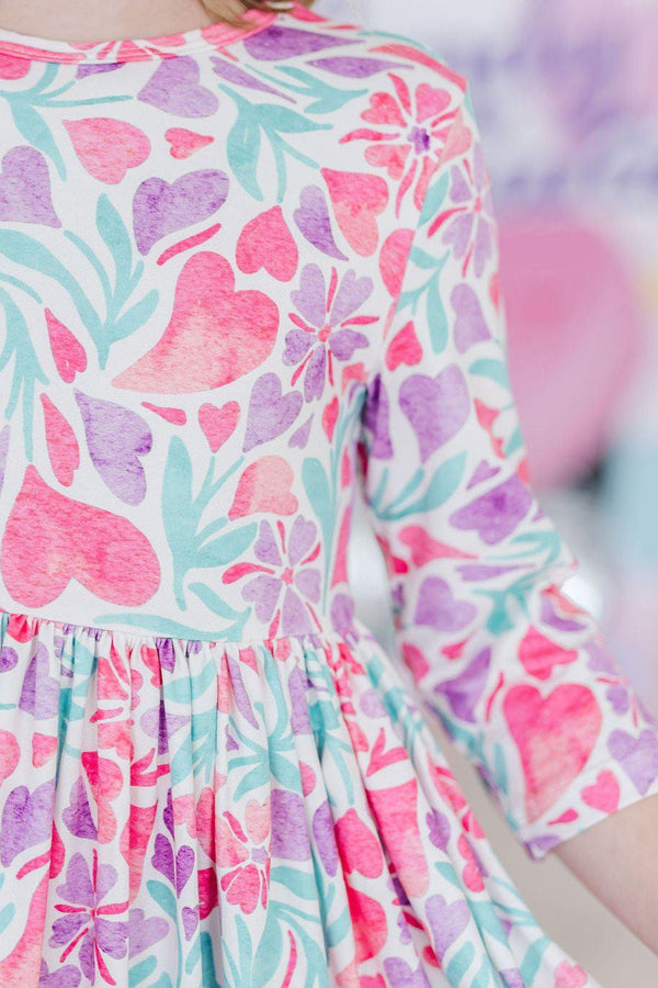 SALE Watercolor Hearts 3/4 Sleeve Pocket Twirl Dress
