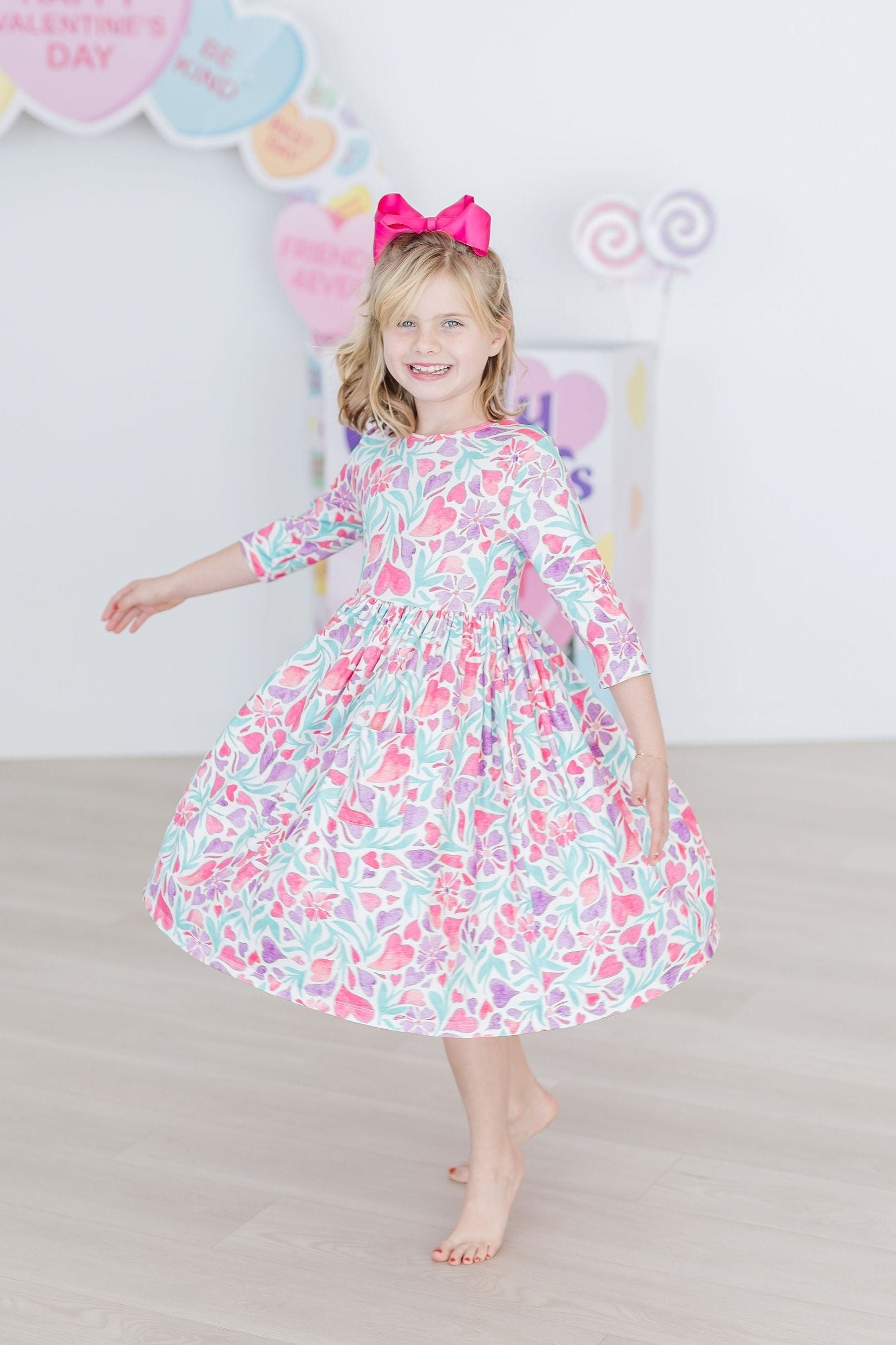 SALE Watercolor Hearts 3/4 Sleeve Pocket Twirl Dress