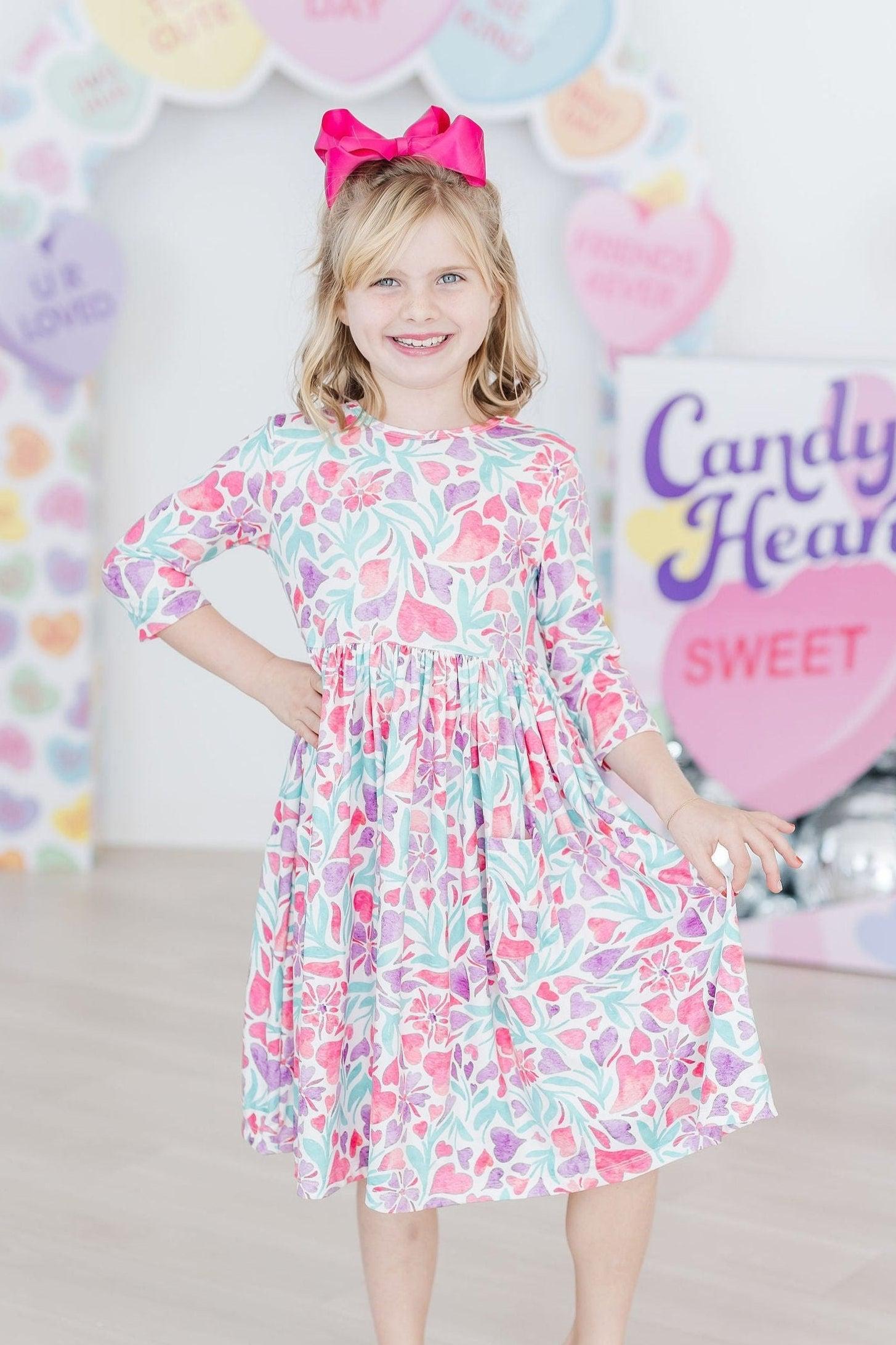 SALE Watercolor Hearts 3/4 Sleeve Pocket Twirl Dress Main image
