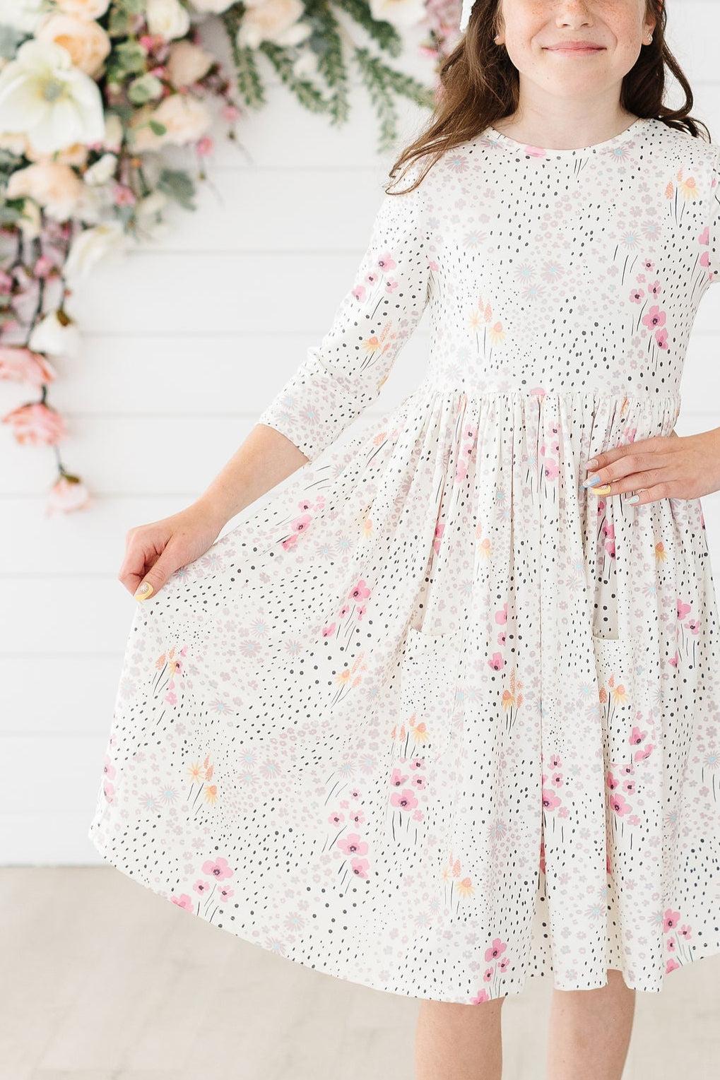 SALE Whimsical Wildflowers 3/4 Sleeve Pocket Twirl Dress Main image