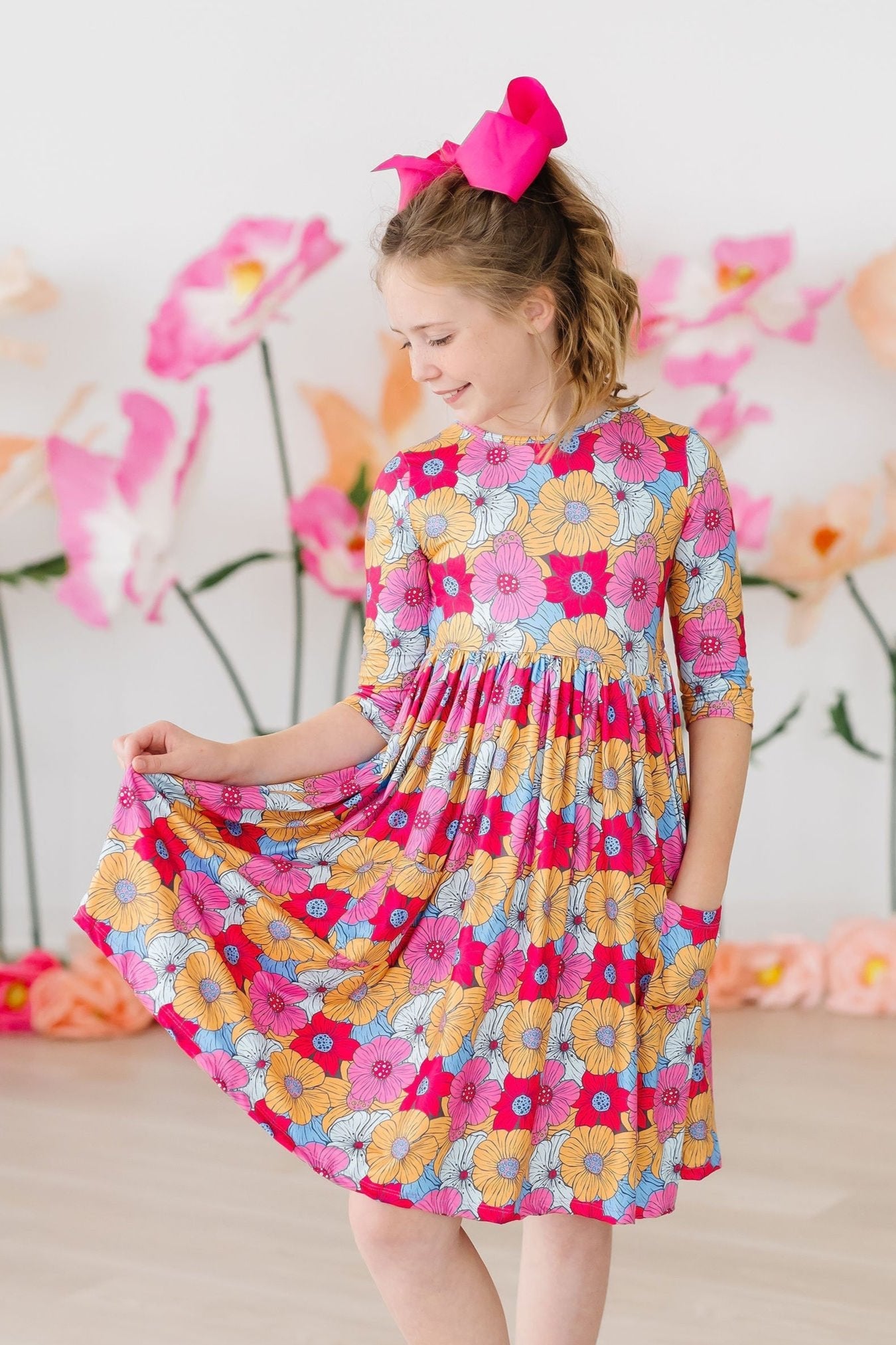 SALE Wonderland Floral 3/4 Sleeve Pocket Twirl Dress Main image
