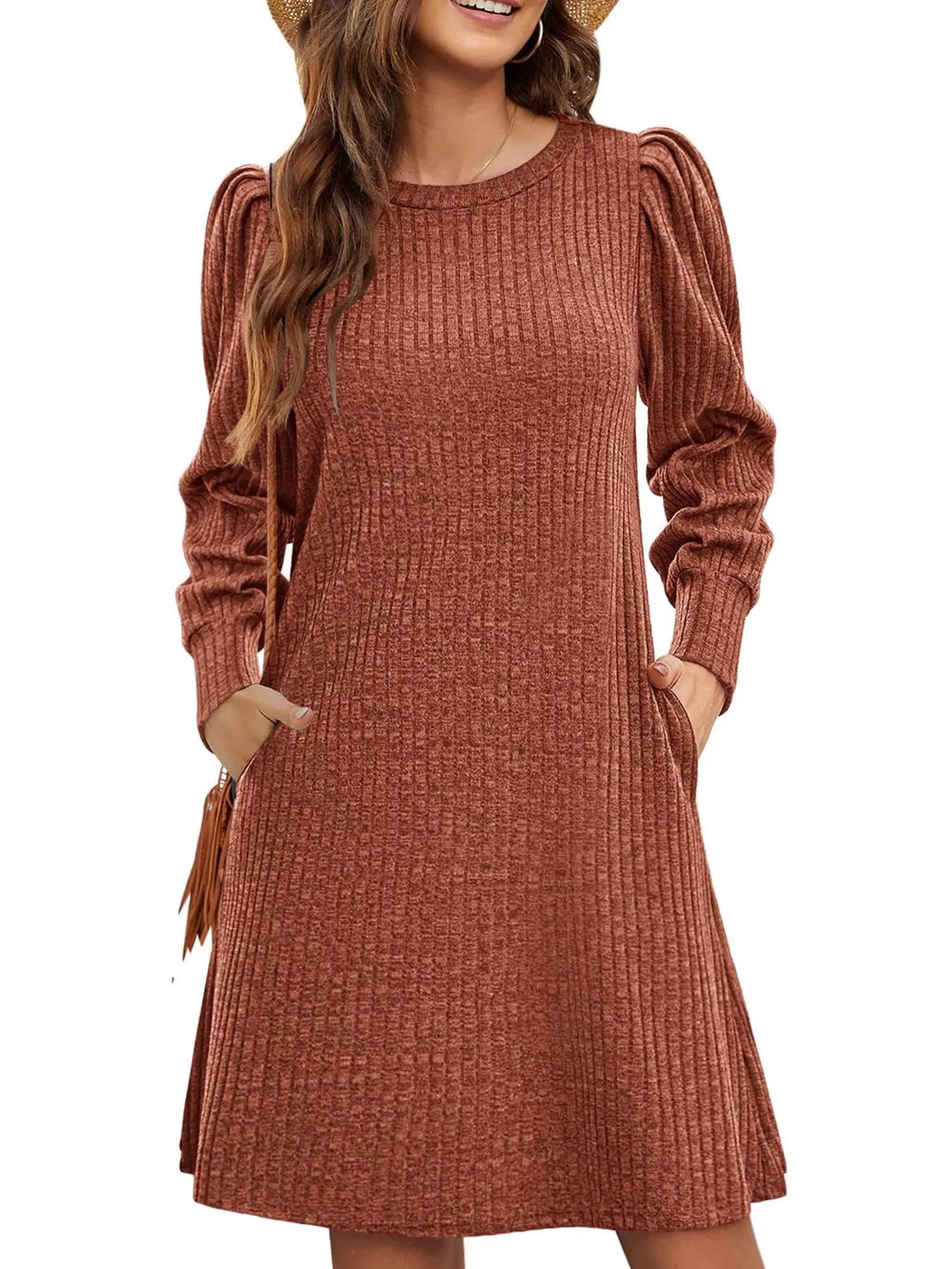 Ribbed Knit Puff Sleeve Casual Mini Dress - product image 31