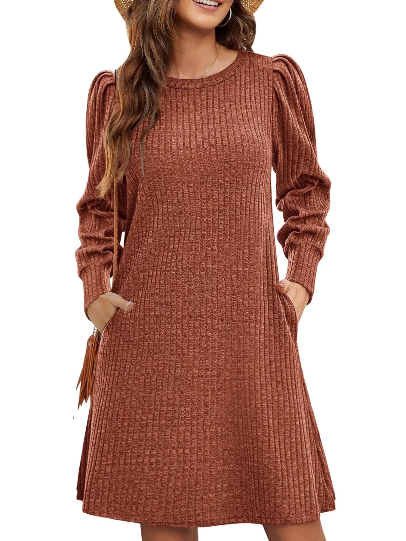 Ribbed Knit Puff Sleeve Casual Mini Dress - product image 31