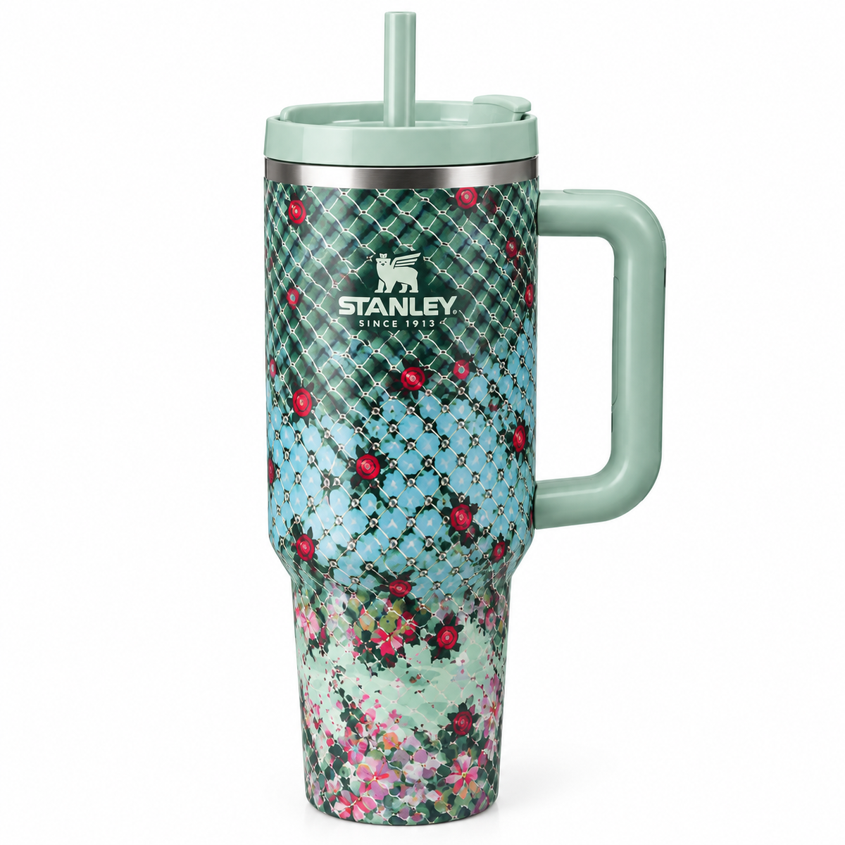 40oz Floral Print Insulated Tumbler with Handle & Straw | Reusable Travel Cup