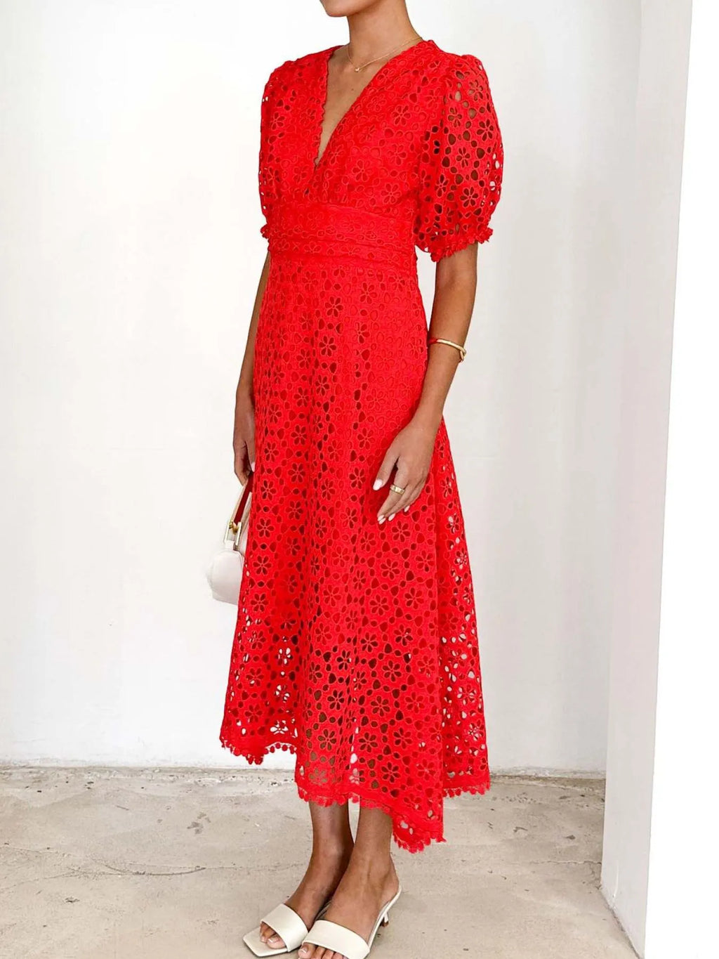 Eyelet Lace V-Neck Midi Dress with Puff Sleeves - product image 19