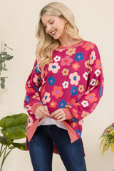 Celeste Full Size Side Slit Flower Print Long Sleeve Top