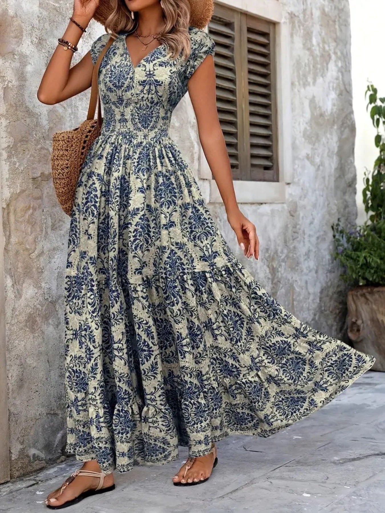 Printed Cap Sleeve Maxi Dress view 3 - Shopiebay